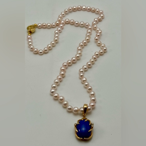 Stunning Large 14K Lapis & Diamond Pendant With Snap Close Bale Pearl Necklace - Picture 9 of 11